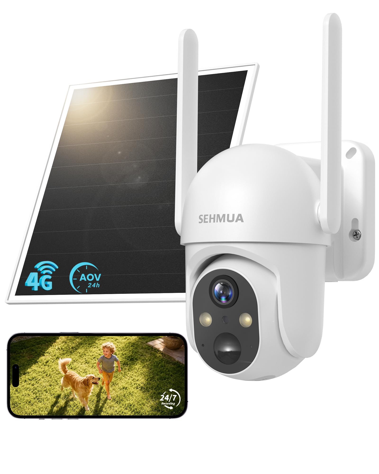 SEHMUA 24/7 AOV 4G LTE Überwachungskamera Aussen Solar SIM, 2K PTZ Überwachungskamera Aussen Ohne WLAN mit 7W Solarpanel, 20M Farbnachtsicht, KI-Erkennung, 2-Wege-Audio, PIR Erkennung, eSIM