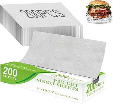200 Pre-Cut Aluminum Foil Sheets, 9" x 10.75" Pop-Up Foil Sheets for Food, Easy Dispense Packaging, Premium Aluminum Sheet, Tin Foils Sheet for for Burritos, Hot Dogs, and Sandwiches