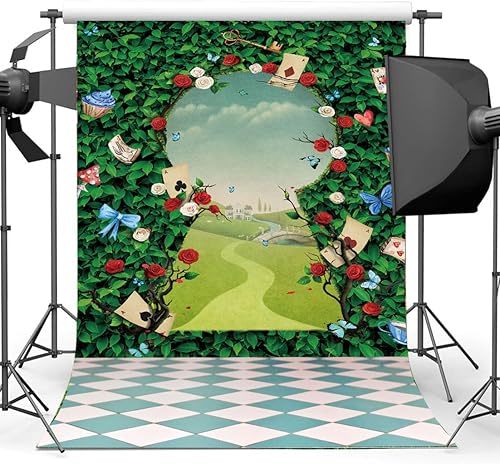 Miniatura 6 de Fondo de fondo del país de las maravillas con hojas verdes, fiesta de té rosa, fondo para fotografía, sombrero mágico, decoración de tablero de