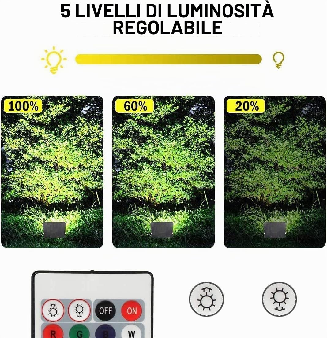Faretto RGB LED 100W, T-SUNUS Proiettore LED RGB Faro LED Colorato con Telecomando 16 Colori 4 Modalità IP66 Impermeabile Per Vacanze Feste Halloween Natale