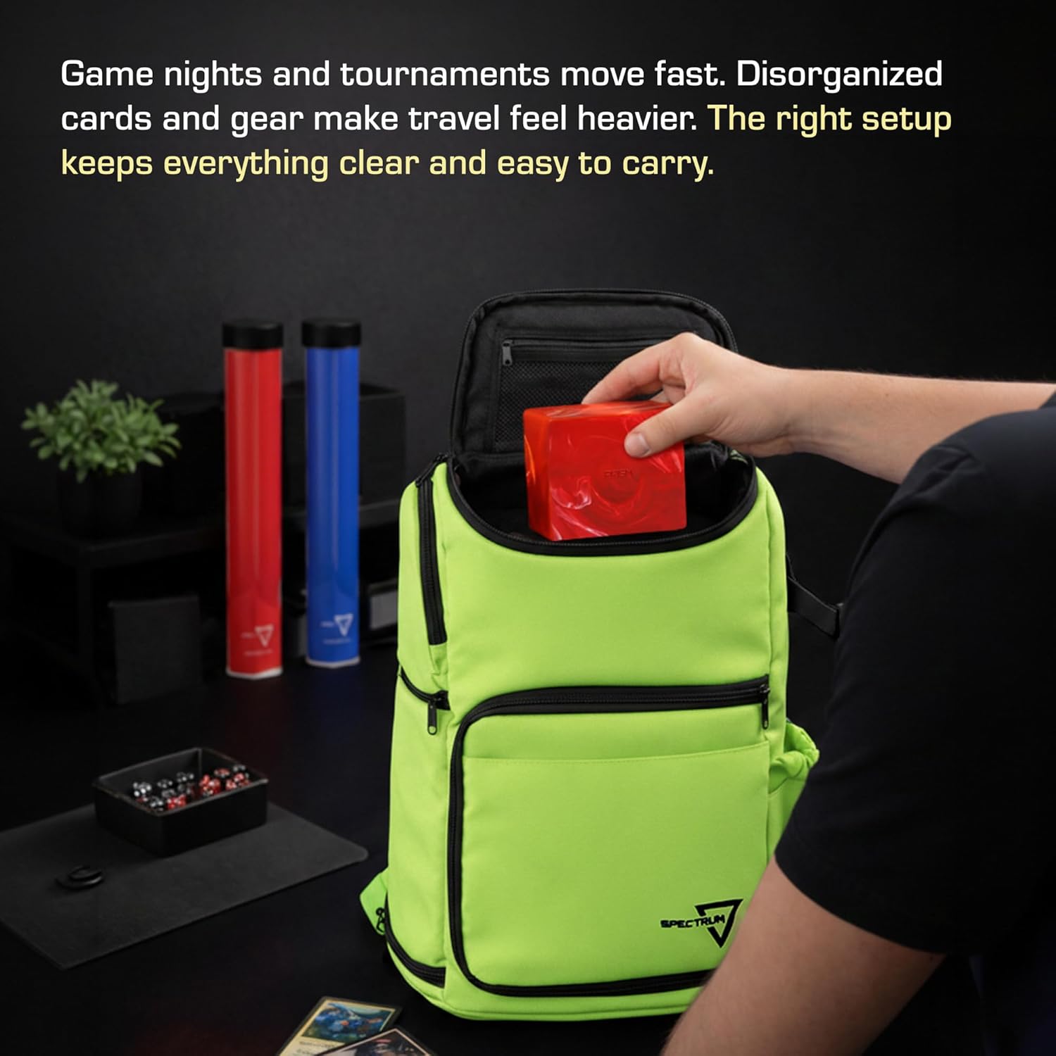 BCW Spectrum TCG Backpack | Holds 7–9 Prism Deck Cases | Configurable Storage for Cards & Gear | Playmat Strap & Side Pocket | Durable & Travel-Friendly Design | Radioactive Green