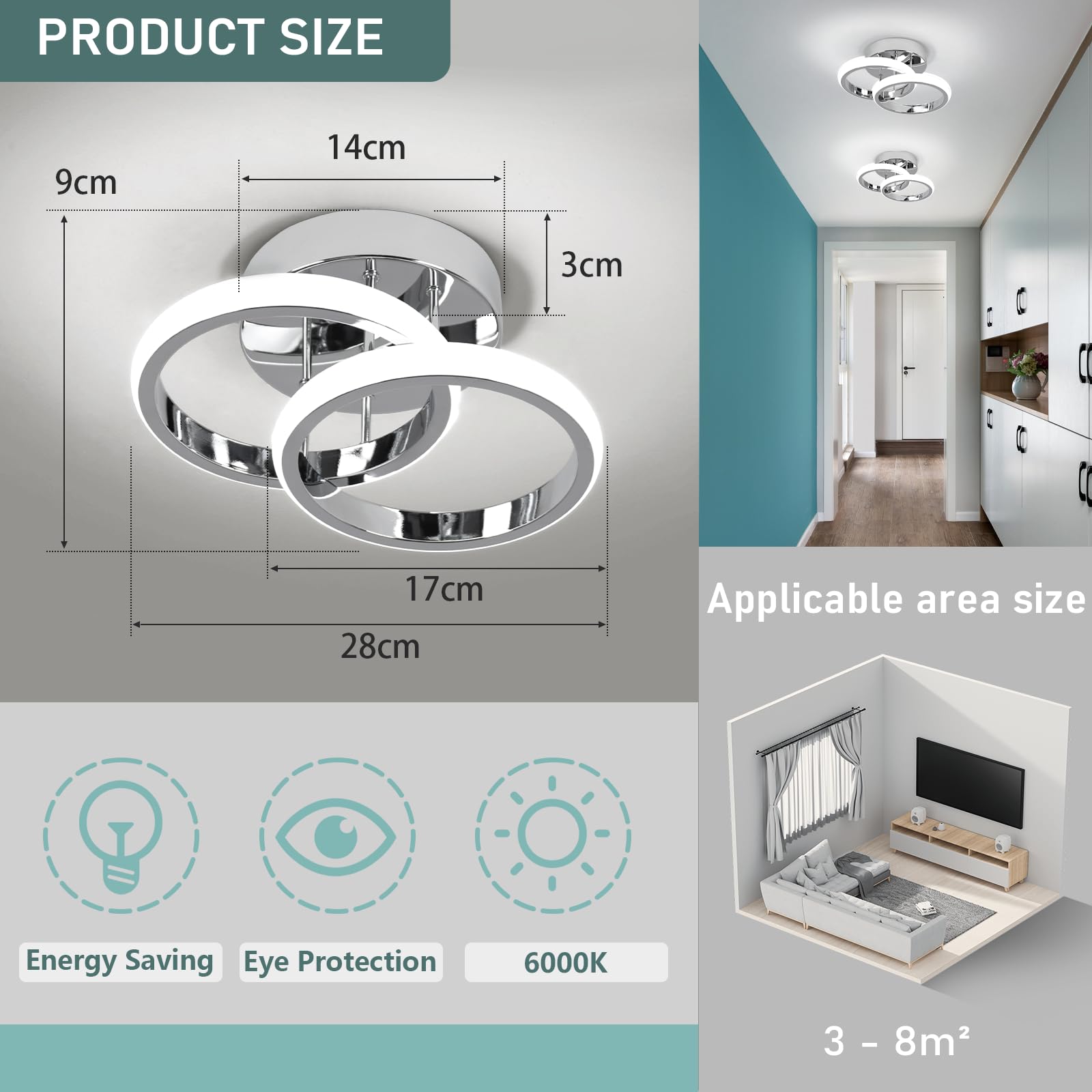 EIDISUNY LED Ceiling Light Modern 24cm Silver Round Simple Ceiling Light Fixture LED for Corridor Kitchen Stairs Hallway Study Room Bedroom Living Room - Image 2