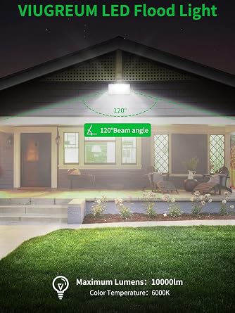 Viugreum 100W Flood Lights Outdoor, 8000LM Super Bright LED Work Light, 6000K Daylight White LED Flood Light Outdoor, IP65 Waterproof Security Lights for Garage, Yard, Lawn, Garden, Stadium - 2 Pack