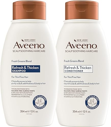 Aveeno Fresh Greens Shampoo and Conditioner Set, Sulfate Free, Clarifying & Volumizing for Thin or Fine Hair, Rosemary Peppermint Cucumber Nourish & Thicken, Color Safe Paraben Free, 12 Fl Oz, 2 Count
