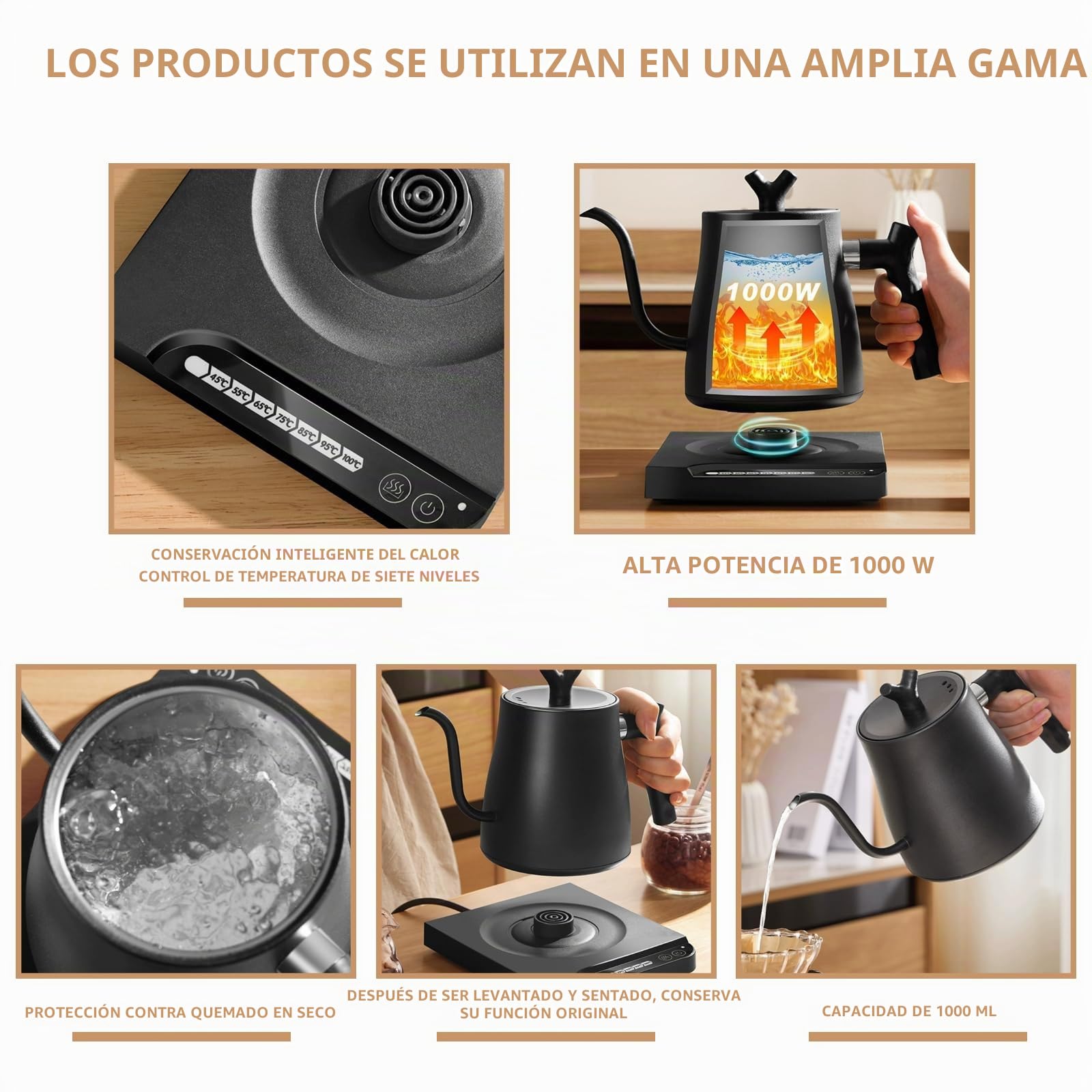 1L Hervidor de agua de acero inoxidable: Hervidor de agua de cuello de cisne, 45-100°C Regulación inteligente de temperatura, 1000W Hervidor eléctrico para el hogar y preparación de café, negro