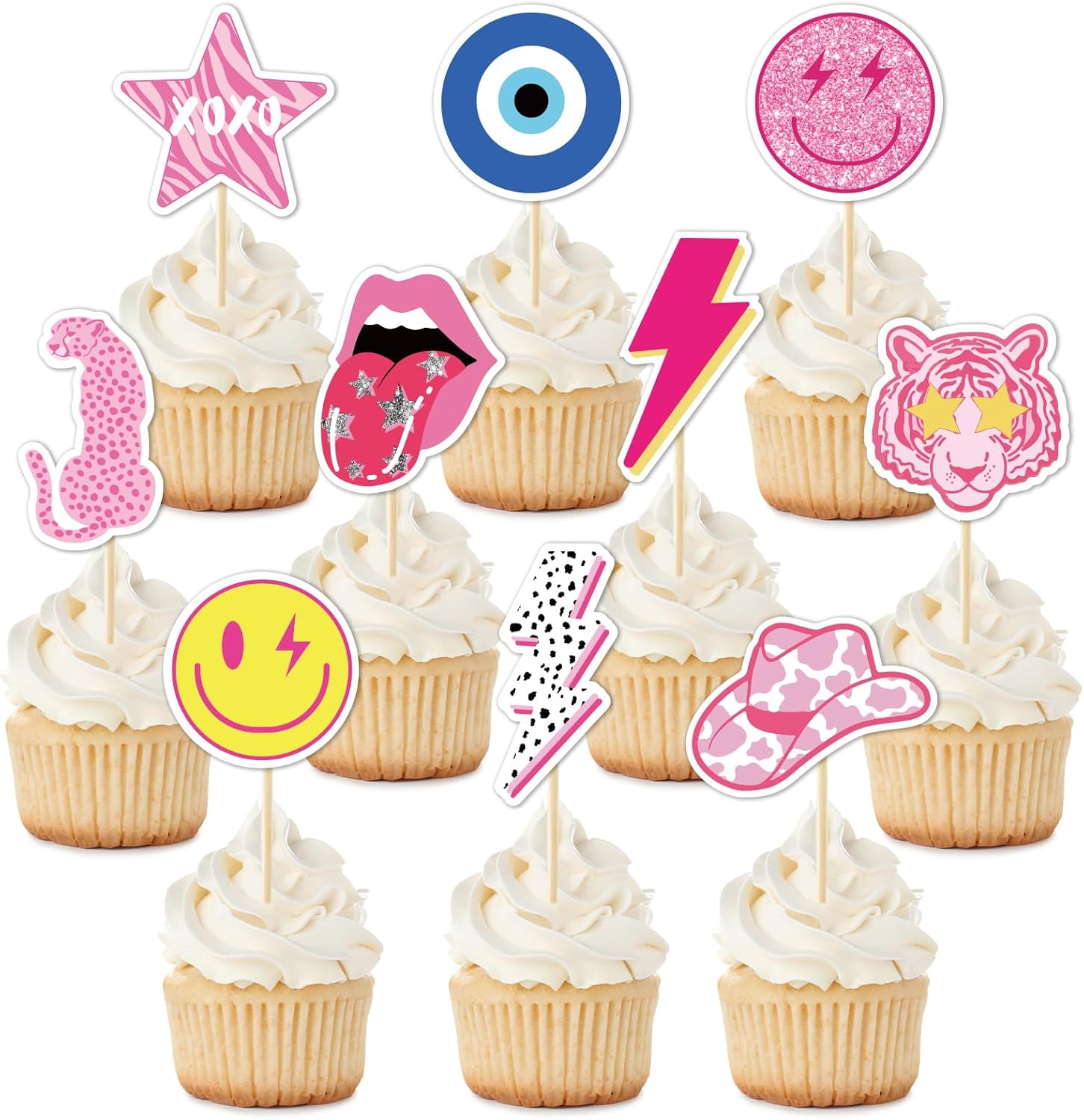 Amazon.com: Whaline 40Pcs Preppy Pink Party Cupcake Toppers 10 Designs ...