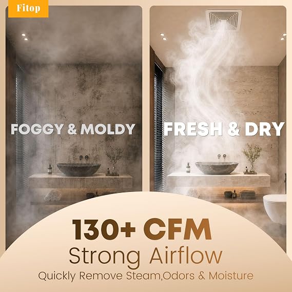 Fitop Bathroom Exhaust Fan 130CFM 1.5 Sones, Ceiling Opening 9.45 9.45 | Ultra Quiet Ceiling Mounted No Attic Access Required, Airflow Ventilation Fan for Bedroom, Laundry, Kitchen & Bathroom