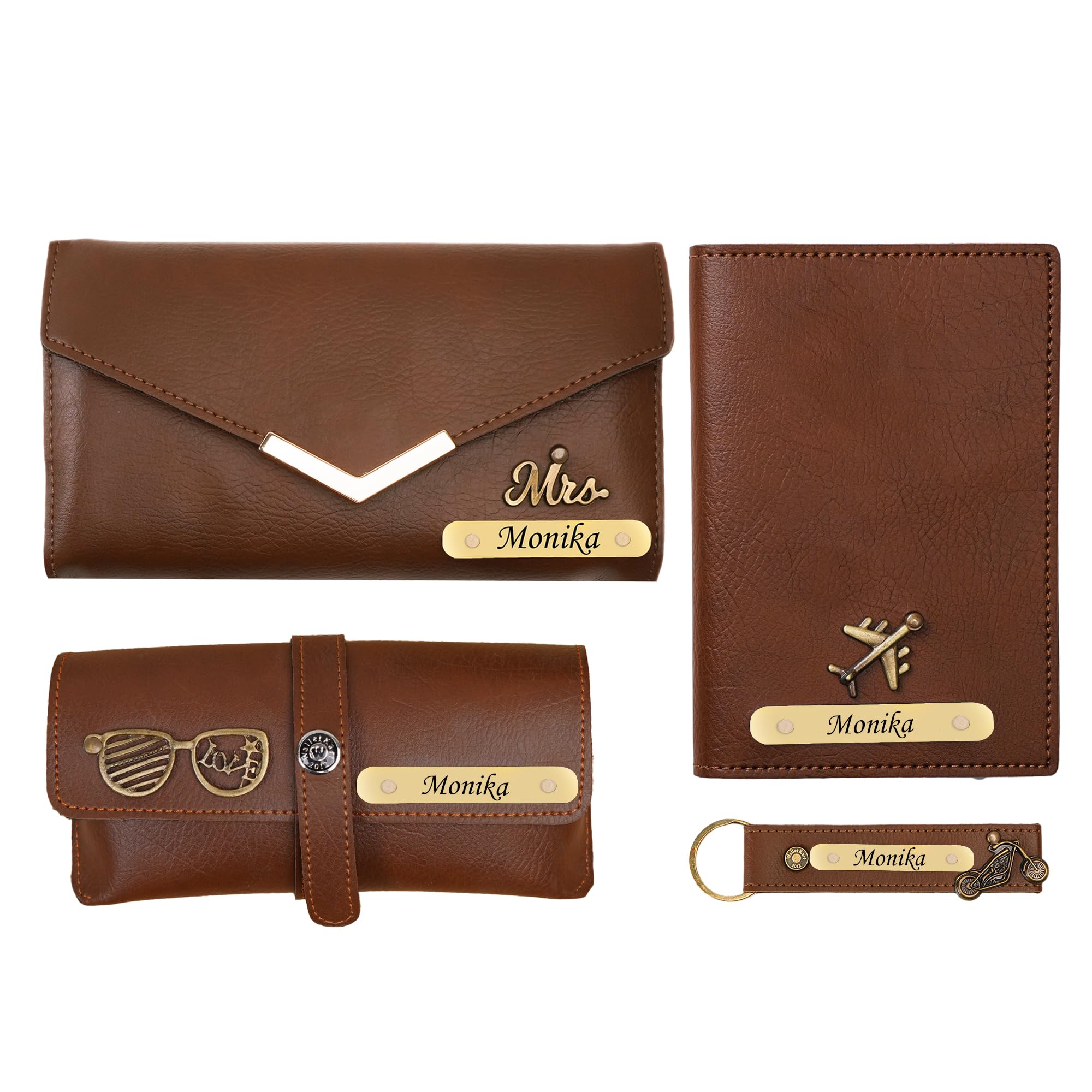 Personalized Leather Women's Clutch Keychain Passport Cover & Eyewear Case with Name & Charm | Customized 4 in 1 Gift Combo for Girlfriend Wife Mother & Sister on Birthday & Anniversary-image-31