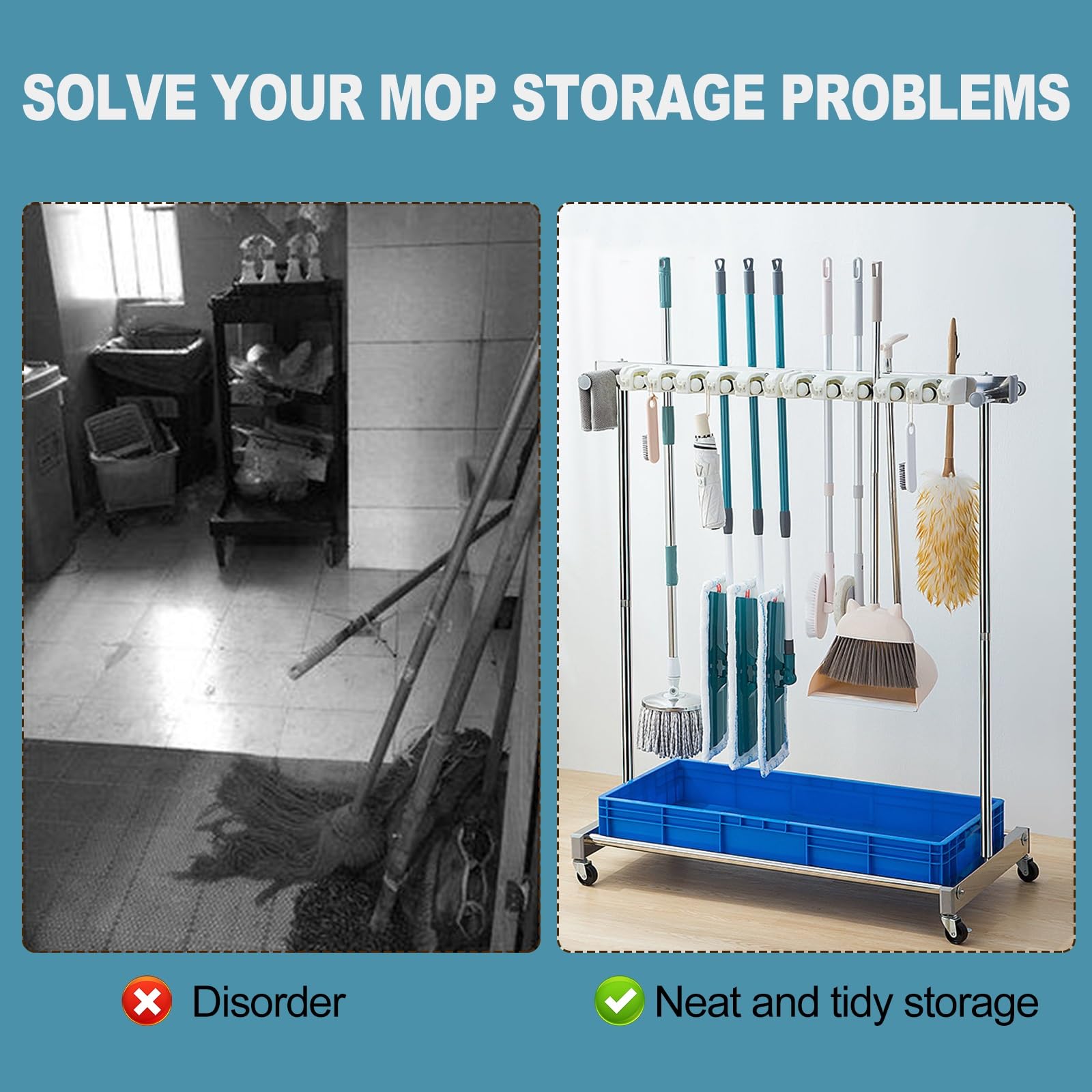 SARKEY Móvil Soporte Escobas Mop Broom Holder,Fregona Estante De Drenaje | Carro De Limpieza Móvil Colgador Escobas Y Fregonas,para Restaurante,Cocina,Baño(97x50x122cm(38x20x48in))