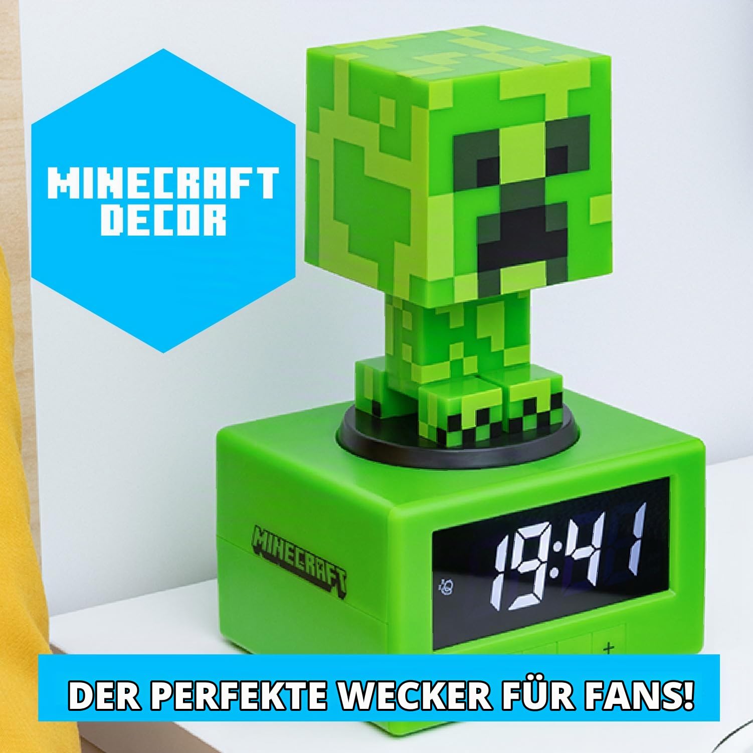 Paladone Minecraft Creeper Icon Wecker - Creeper Glow-Modus & Nachtlicht - Batteriebetrieben - Kinderwecker für Jungen & Minecraft Fuchs Leuchte, Mehrfarbig, Estándar