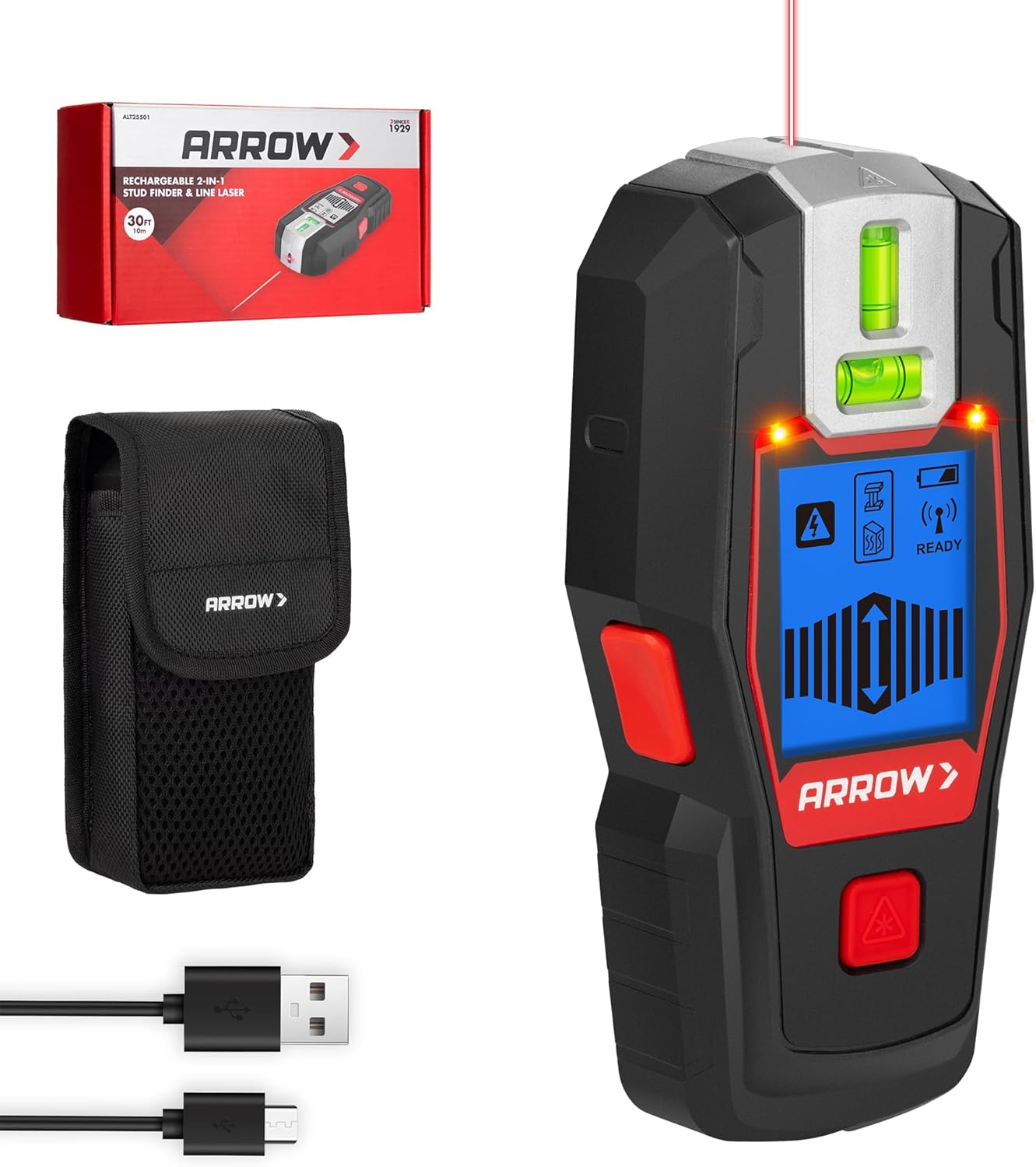 ARROW 2-in-1 Stud Finder with Laser Level, Rechargeable Wall Stud Scanner & Vertical Line Laser for Hanging Frames & Picture, Wood Ac Wire Metal Studs Joist Pipe Detection