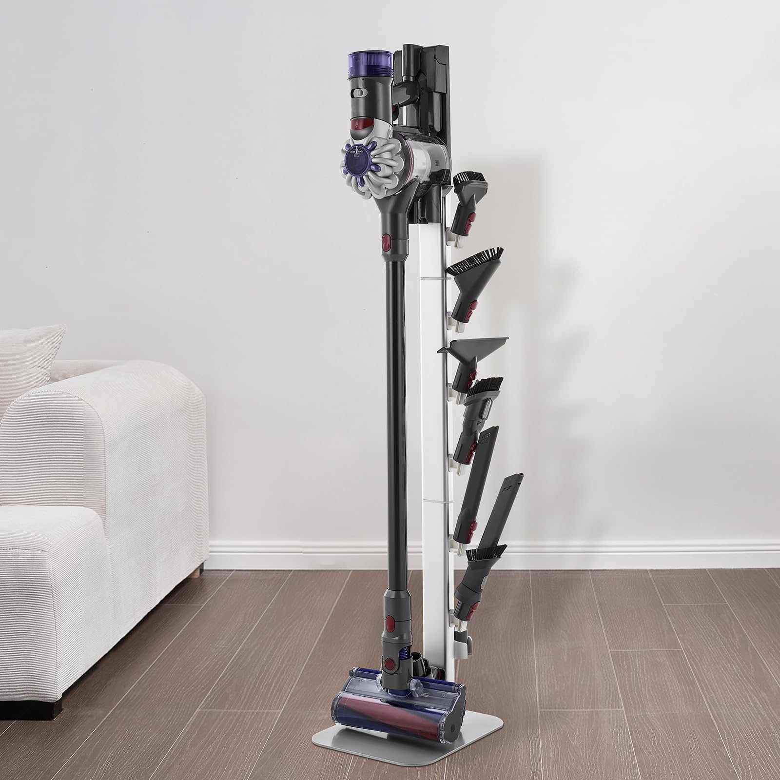 VEVOR Support d'Aspirateur pour Dyson G5, V15, V12, V11, V10, V8, V7, V6, Porte-aspirateur Vertical Rangement Stable avec Accessoires, 6 Crochets et Patins Antidérapants, pour Espaces Restreints, Gris