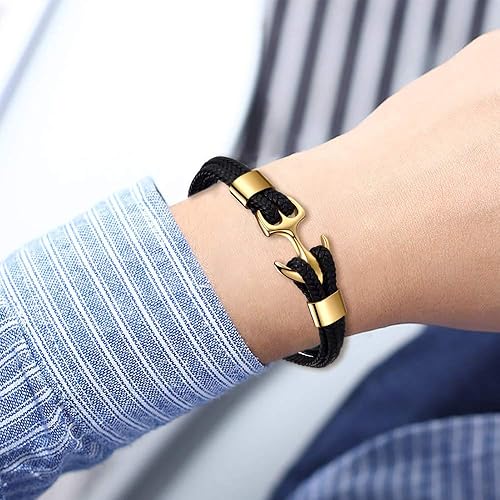 Miniatura 2 de MicLee Pulsera de cuero de anclaje vintage para hombre, pulsera multicapa, pulsera de cuerda con caja de regalo