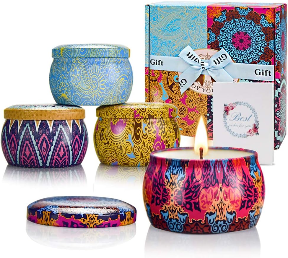 Scented Candle Set, Gifts for Women, Soy Wax 5.65 oz Tin Aromatherapy Candles for Birthday Valentines Gifts with Strongly Fragrance Candles for Relaxing Stress Spa Meditation