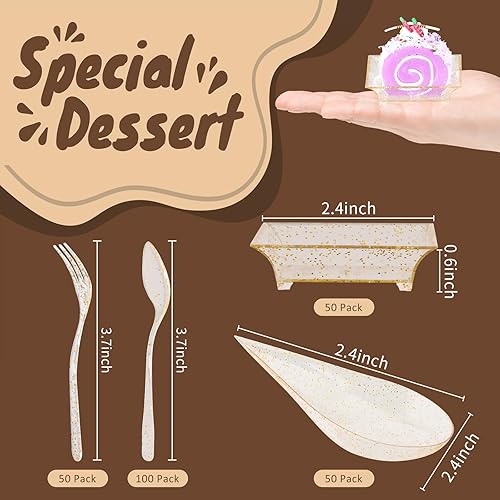 Miniatura 2 de XUWAIDSGN Juego de 100 platos dorados para aperitivos, platos de postre cuadrados y lágrimas con tenedores y cucharas, bandeja para servir