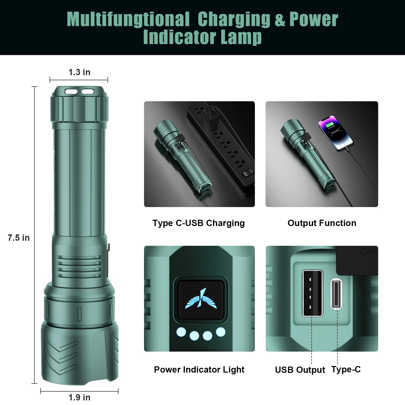 SKYFIRE Lampes de poche LED haute luminosité avec lentille d'allumage, lampe de poche rechargeable super lumineuse, zoomable, quatre modes, lampe torche tactique étanche pour le camping, l'extérieur
