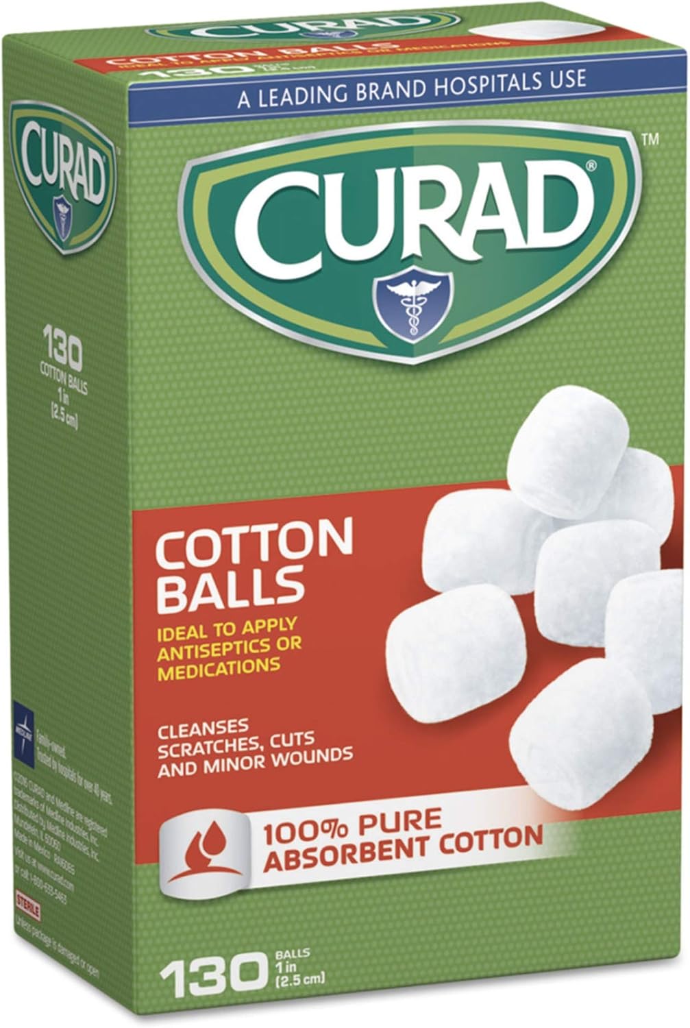 Curad CUR110163RBH Box of 130 Sterile Cotton Balls; Medium Size (1" Diameter); Hospital Quality; 100% Pure Cotton; Helps Clean Minor Cuts, Scrapes, Scratches, Apply Medication and Remove Eye Makeup