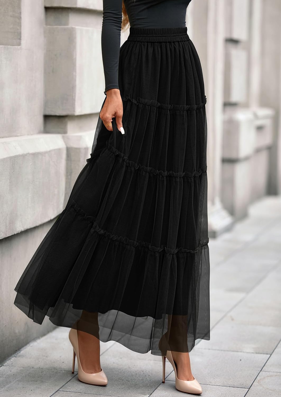 PRETTYGARDEN Tulle Skirts for Women 2026 Spring Fashion Elastic High Waisted Tiered Flowy Fairy A-Line Casual Maxi Long Skirt - Image 7