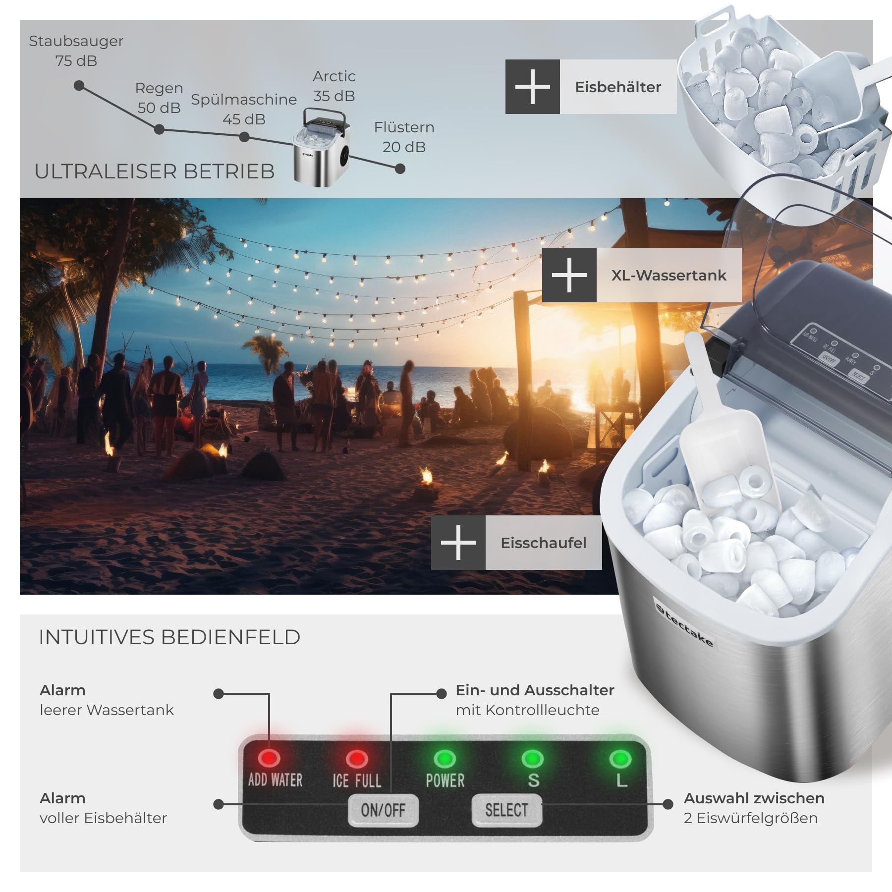tectake® Eiswürfelmaschine, Ice Maker mit Griff, Eiswürfelbereiter, Maschine bereitet 9 Würfel in 6min, 12kg in 24h, 1,2 l Volumen, 2 Eiswürfelgrößen, selbstreinigend, mit Eisschaufel, Bar - silber