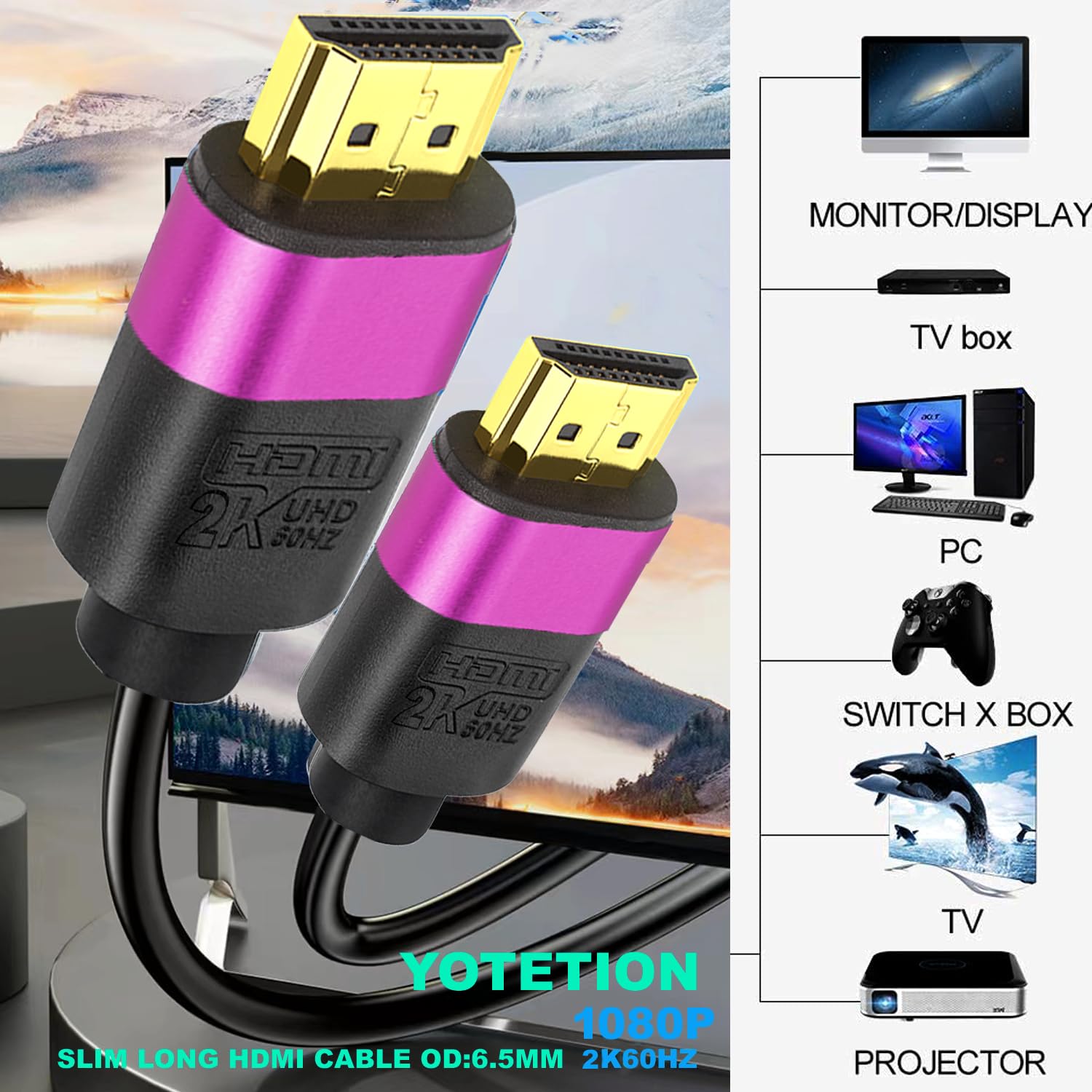 Cable HDMI de 80 pies, cable HDMI largo de alta velocidad, conector dorado (morado) 2K @60Hz 1080P DTS:X, HDCP 2.2 y 2.3, HDR 10 compatible con Roku TV/PS5/HDTV/Blu-ray