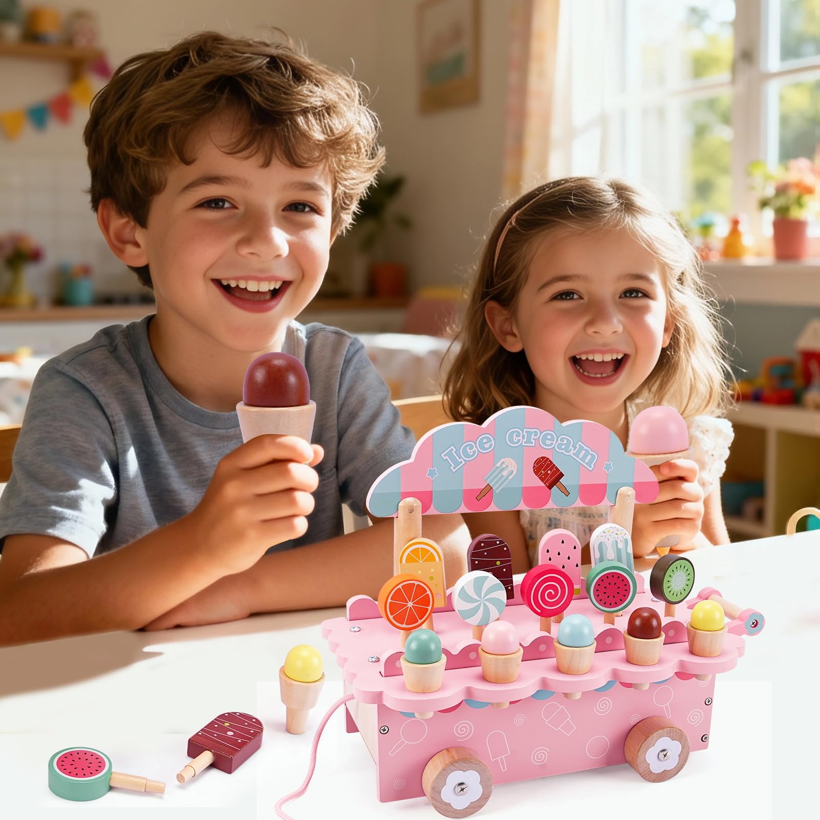 Glacier en Bois pour Enfant,Jeu de Glace en Bois,Jouet de Crème Glacée,Magasin de Glace Enfant Jeux de Rôle Jouets en Bois Jouets Montessori Cadeau pour Garçons Filles à Partir de 3 Ans