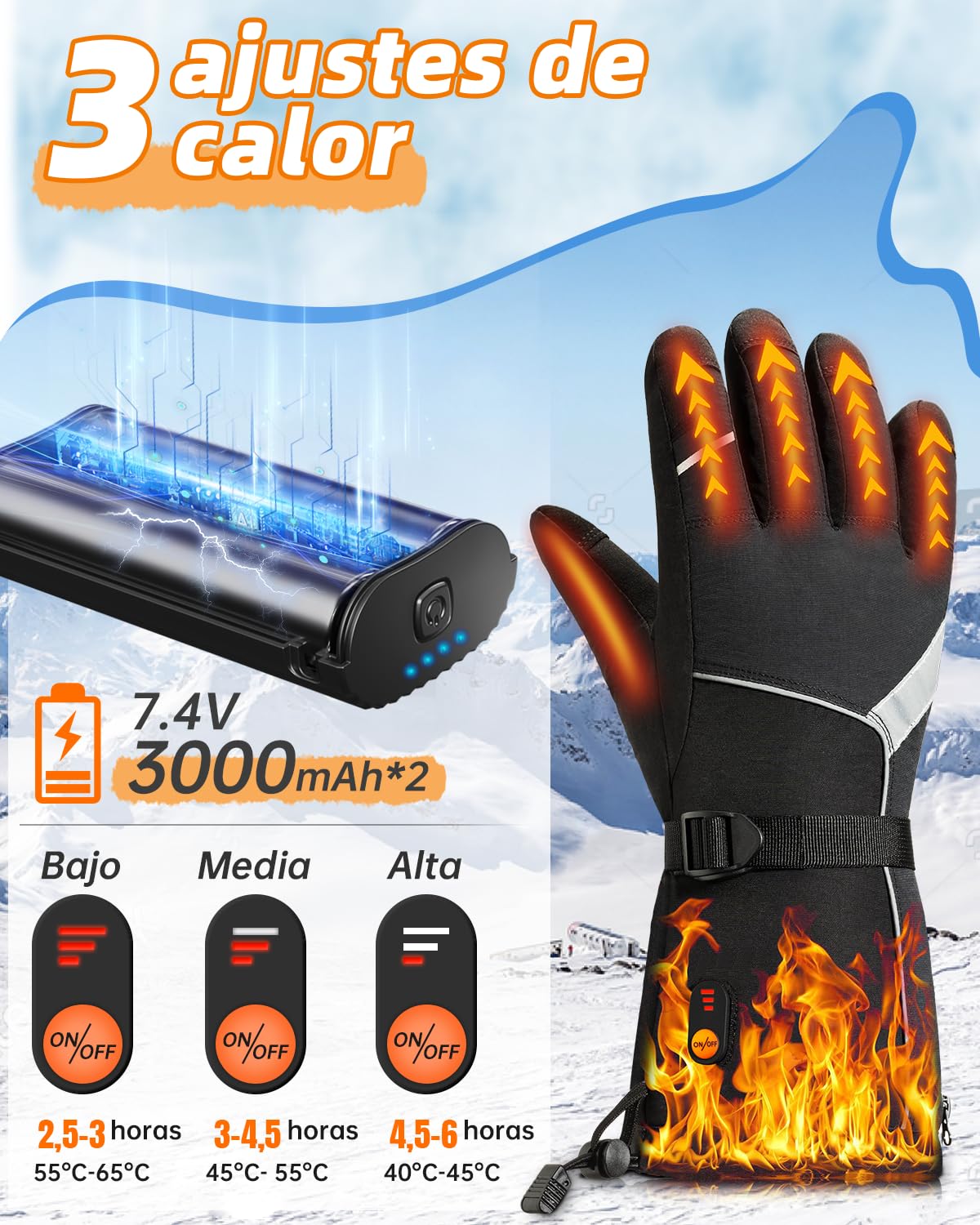 Guantes Calefactables Moto con Batería Recargable 7,4V 6000mAh Impermeables para Invierno Caza Senderismo Esquí