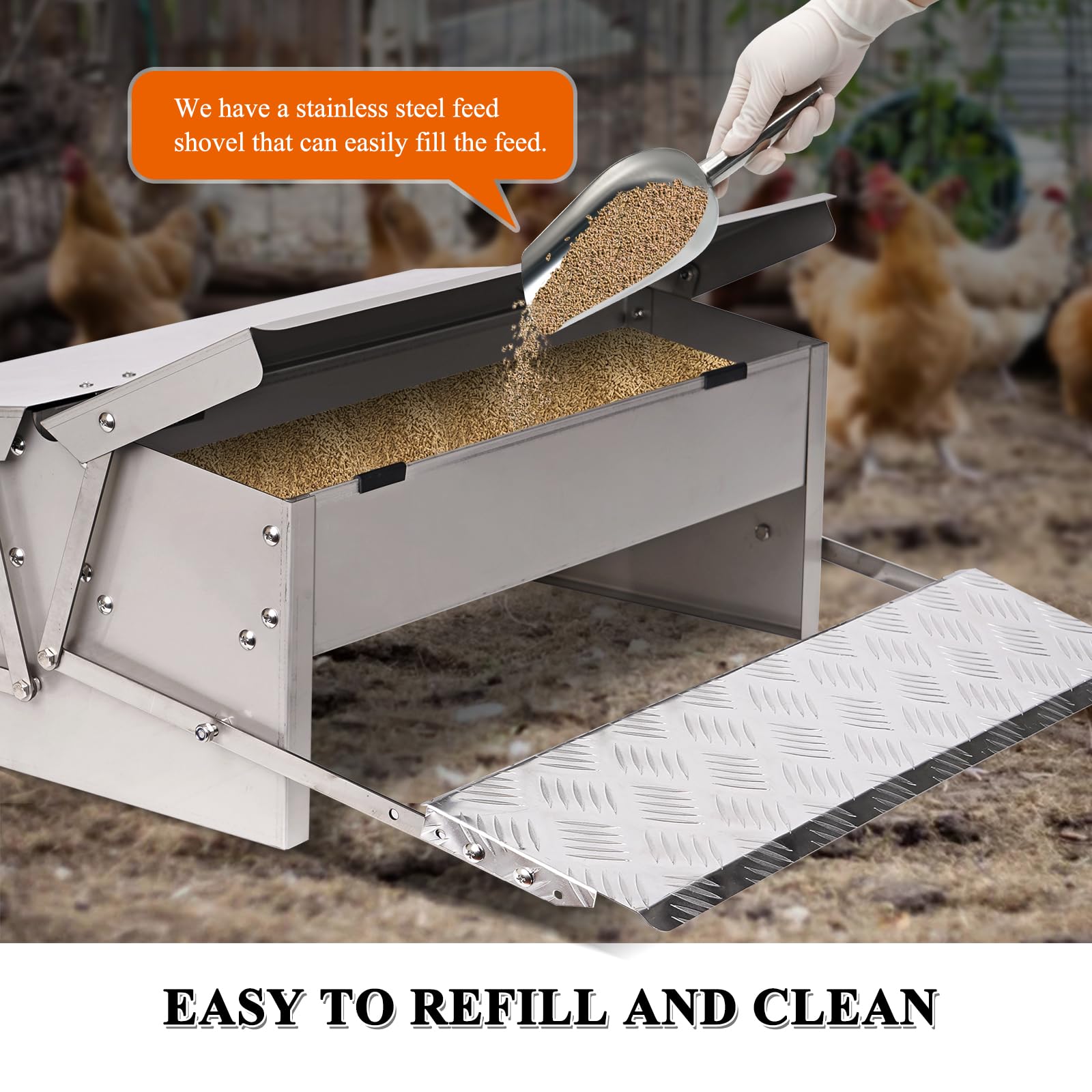 Comedero Automático para Pollos Comederos para Aves de Corral con Pedal 1 Bebedero para Pollos 1 Cuchara para Comida para Aves Sin Desperdicio Acero Inoxidable Autoapertura para Pollos, Patos, Pavos