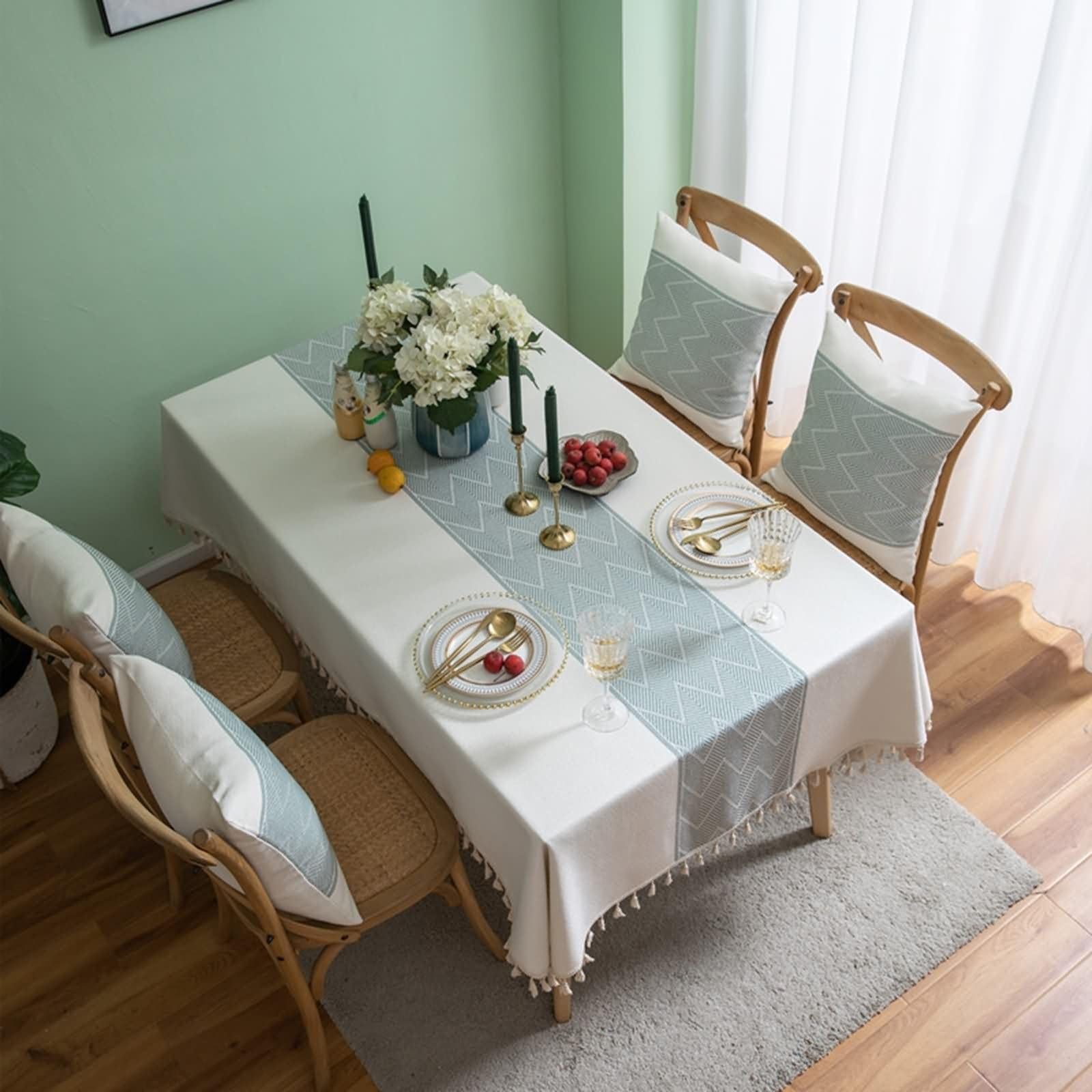 Manteles de Mesa de Rectángulo Empalme de Rayas Onduladas con Borlas Manteles de Mesa Cocina Poliéster Blanco,140x240CM