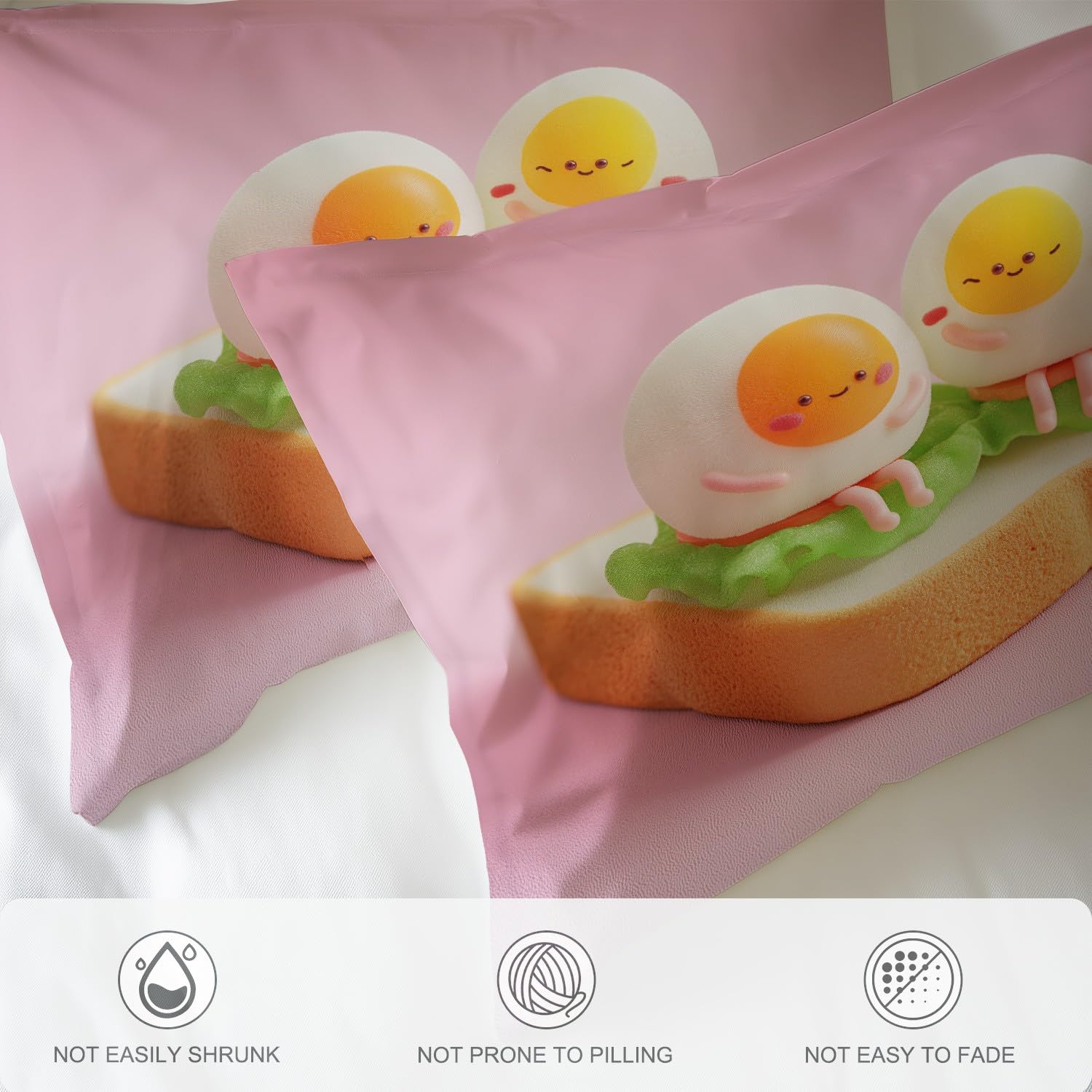 Pościel z kreskówki King Size 229 cm x 221 cm - różowa biała urocza poszewka na kołdrę z jajkiem chleb, dwustronna poszewka na kołdrę i 2 poszewki na poduszki, ultramiękki i oddychający zestaw
