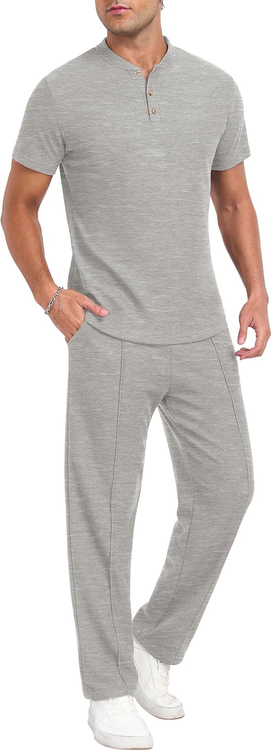 PrinStory Men's Short Sleeve Outfits Waffle Knit Henley Shirt and Pants Set Casual 2 Pieces Summer Tracksuits with Pockets