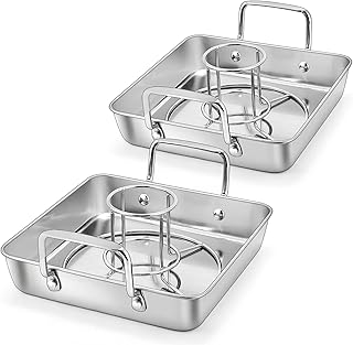 P&P CHEF Beer Can Chicken Holder with Roasting Pan Set, 9-inch Stainless Steel Square Baking Pan and Chicken Rack For Grilling, Heavy Duty & Dishwasher Safe, 4Pcs