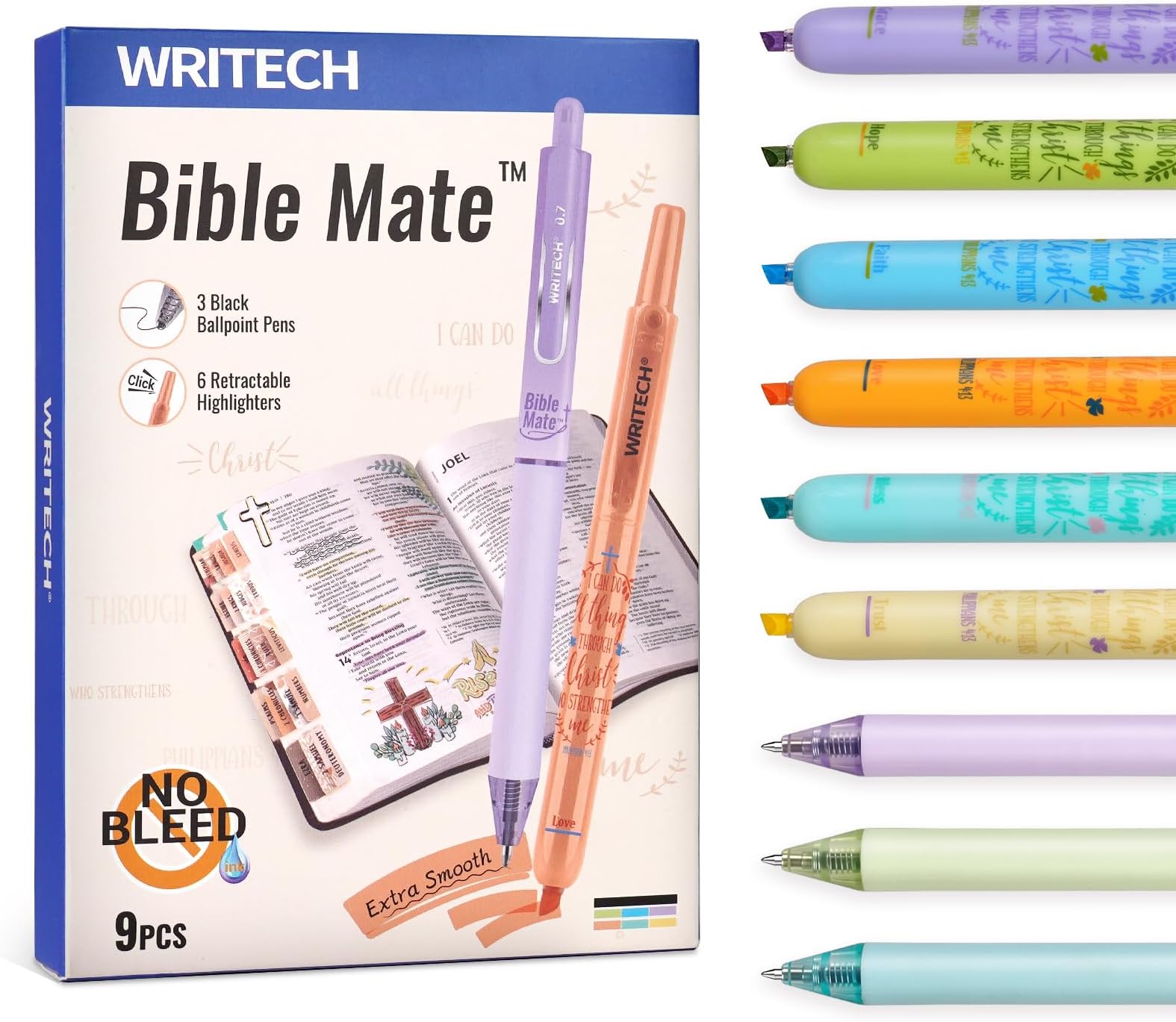 Bible Mate Journaling Set: No Bleed Bible Highlighters & 0.7mm Black Ink Ballpoint Pens, Fast-Drying Ink, Pastel Colors Highlighter, Journaling Kit, 9ct