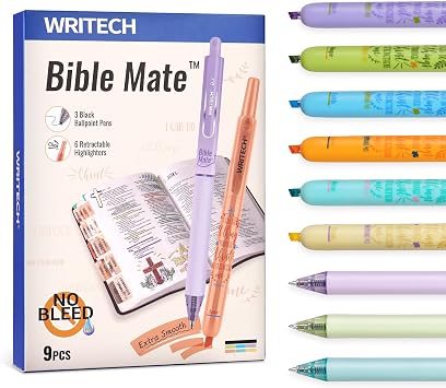 WRITECH Bible Mate Journaling Set No Bleed Bible Highlighters & 0.7mm Black Ink Ballpoint Pens, Fast-Drying Ink, Pastel Colors Highlighter, Journaling Kit, 9ct