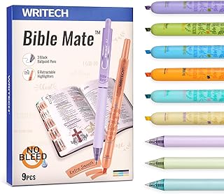 Bible Mate Journaling Set: No Bleed Bible Highlighters & 0.7mm Black Ink Ballpoint Pens, Fast-Drying Ink, Pastel Colors Highlighter, Journaling Kit, 9ct