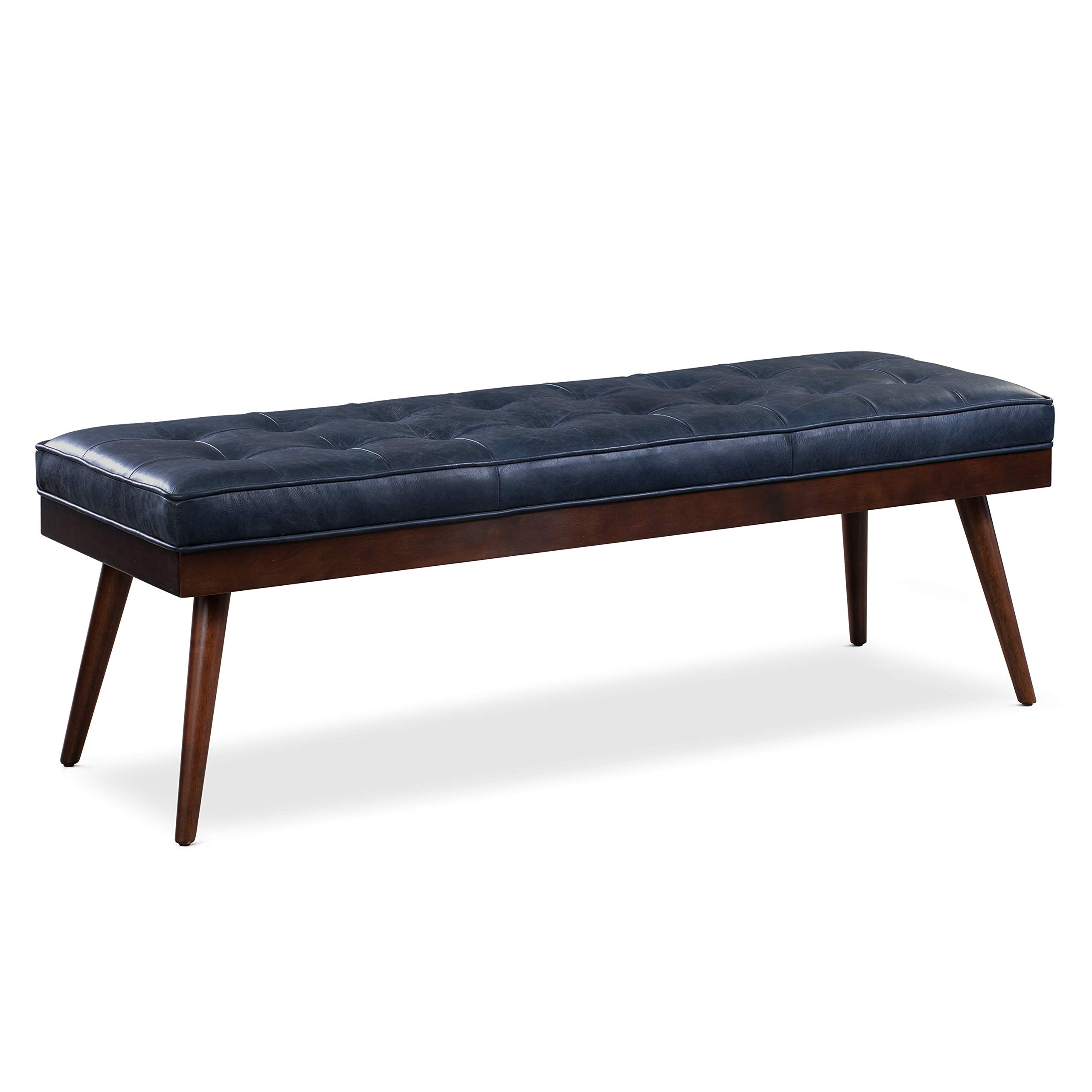 POLY &amp; BARK 55" Tufted Leather Bed Bench for Bedroom End of Bed - Living Room Entry Way Bench - Pure Italian Leather Upholstery with a Solid Wood Frame - Ottoman Bench with Wooden Legs - Midnight Blue