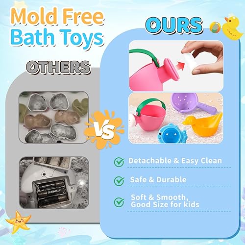 Miniatura 6 de Juguetes de baño para niños de 1 a 3 años, 10 unidades, juguetes de baño para bebés, sin moho, con tazas apilables multicolor y formas, bañera,