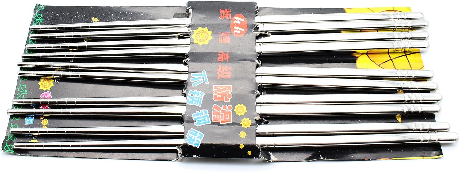 TMAX 5 Pairs Smooth Stainless Steel Chopsticks - Silver Reusable Dishwasher Safe Metal Square Lightweight Chop Sticks - Easy to Use and Clean (No Color Fading)