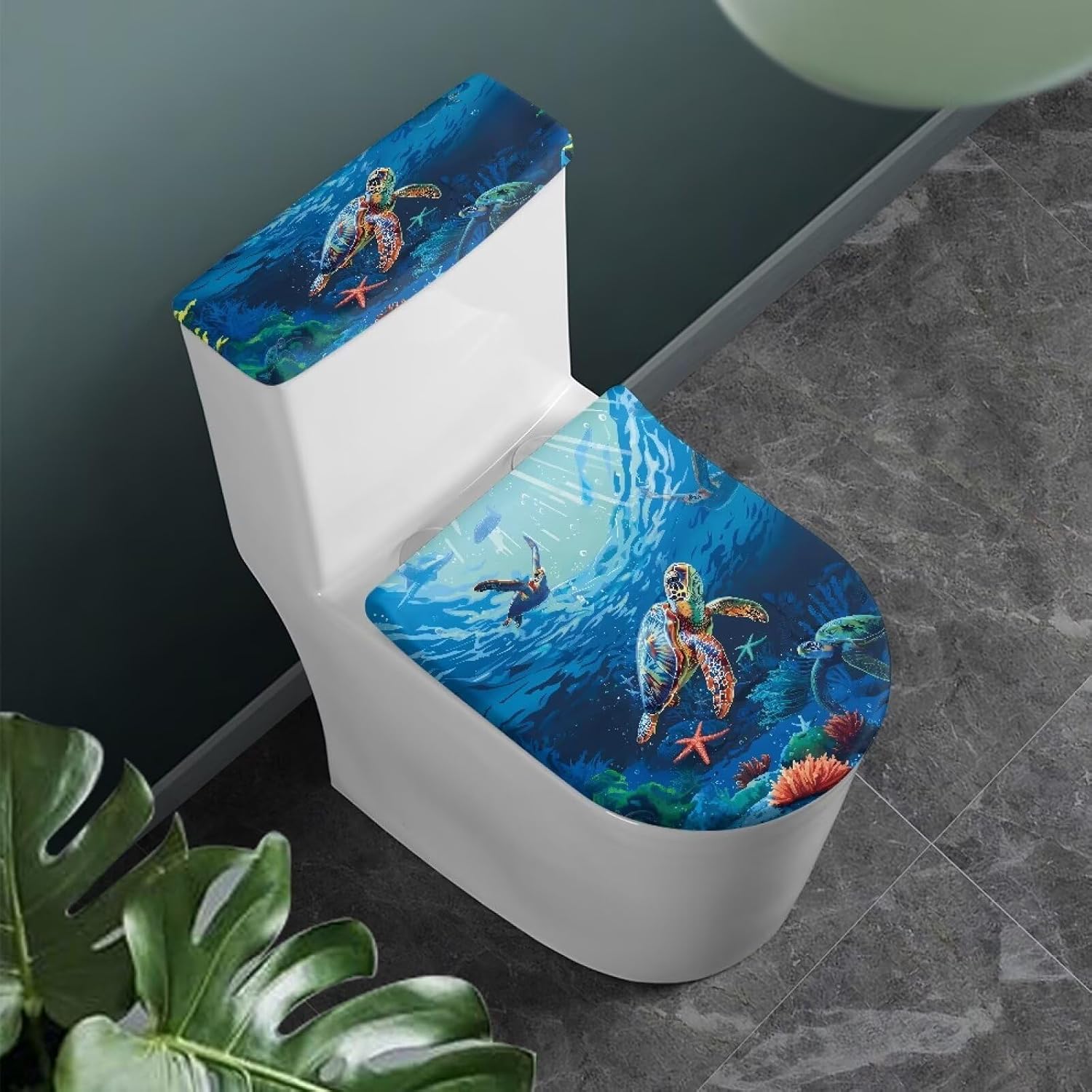 GLENLCWE Sea Turtle Toilet Lid & Tank Cover Blue, 2Pcs Set Reusable Seat Covers, Fits Most Round, Elongated and Oblong Lids Animal Print