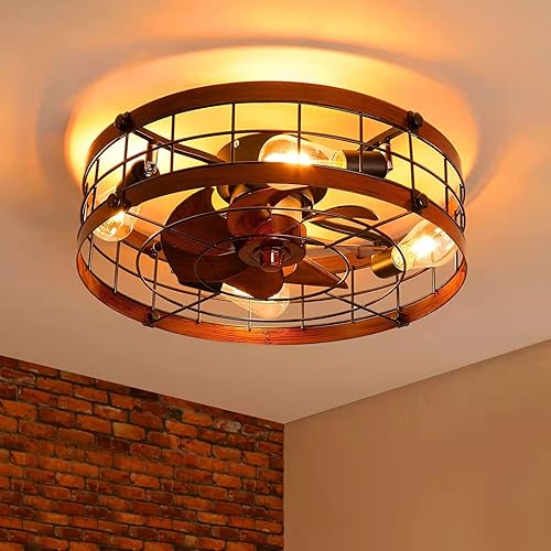 Caged Ceiling Fan with Light Flush Mount,20in Ceiling Fans with Lights Farmhouse and Remote Control,Rustic Vintage Low Profile Bladeless Enclosed