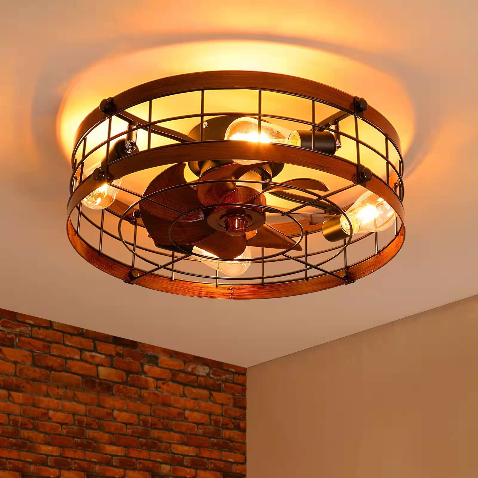 WAGUDO Caged Ceiling Fan with Light Flush Mount,20in Ceiling Fans with Lights Farmhouse and Remote Control,Rustic Vintage Low Profile Bladeless Enclosed Ceiling Fan for Living,Dining and Small Spaces