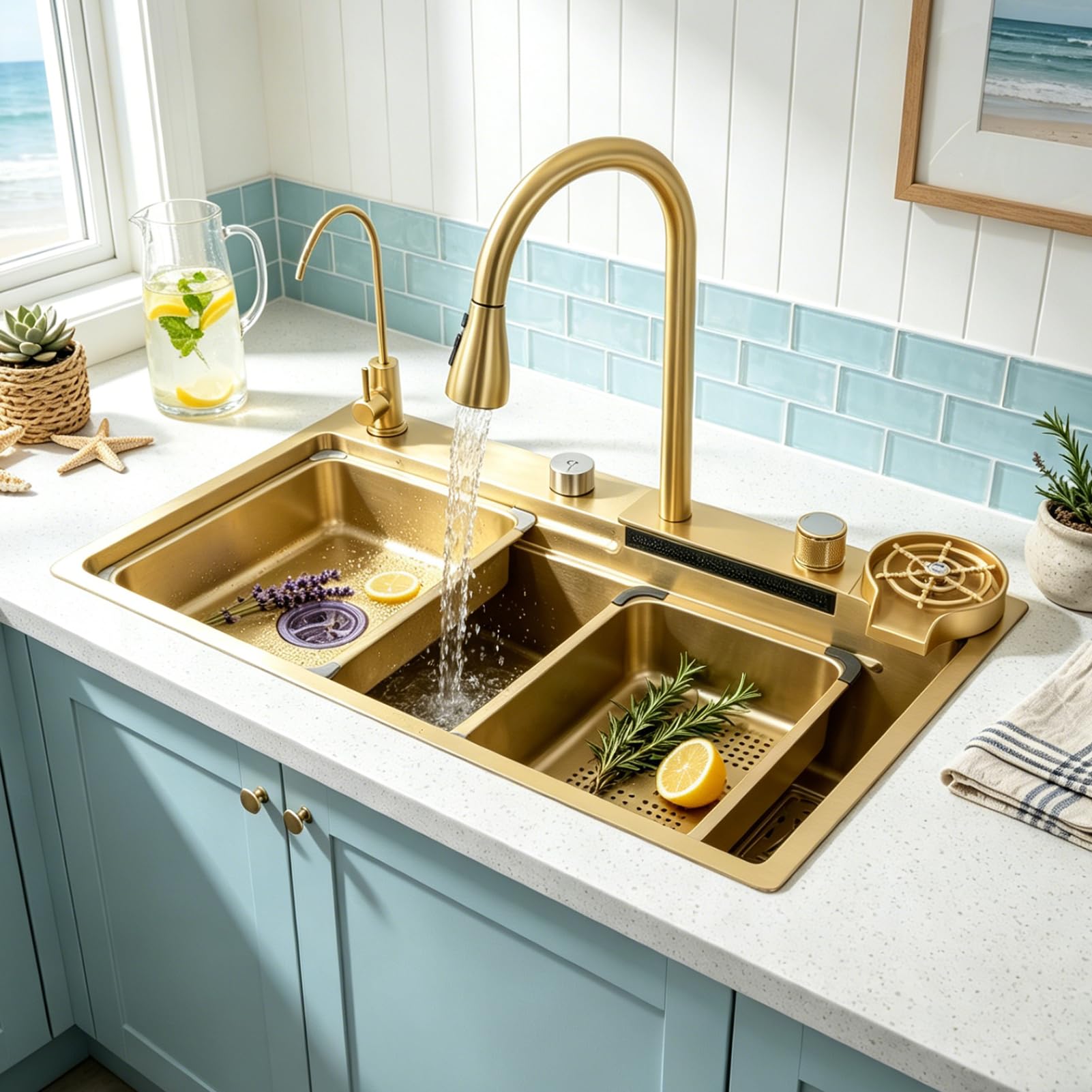 KOOGIMDDR Stainless Steel Rectangular Kitchen Sink, 75 x 50 cm, Gold, with Waterfall Tap, Top Mount, with Removable Bowl and Cutting Board — image 1