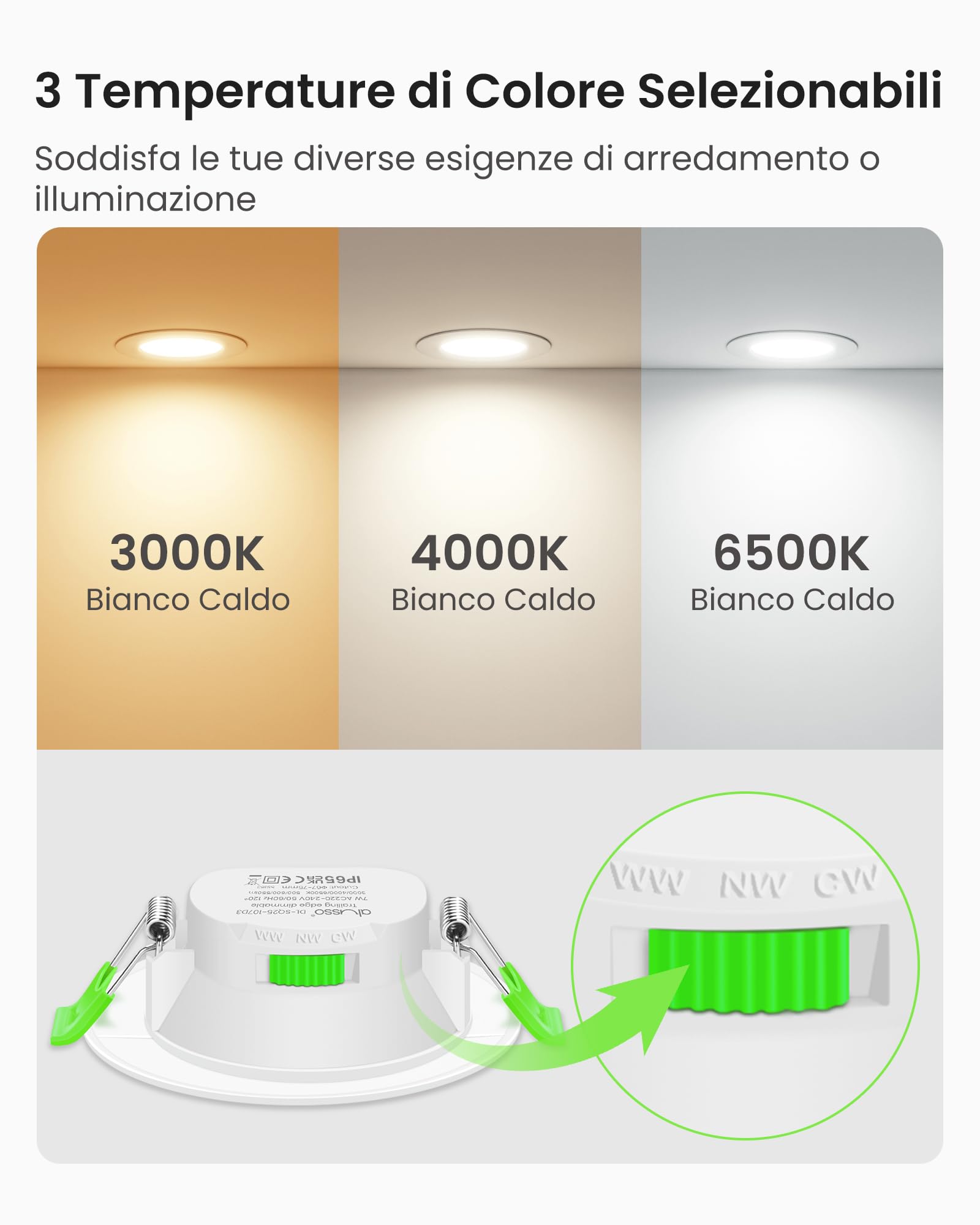 ALUSSO Faretti LED da Incasso per Cartongesso Dimmerabili, Ultrasottili 7W IP65 3000K 4000K 6500K Faretti LED Soffitto, AC 220-240V, Diametro Foro Ø67-75mm, Rotondo Bianco, Set di 6