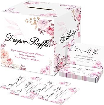 OLOUTAB Baby Shower Games - Diaper Raffle Box With 50 Tickets, Sign, Prizes and Decorations - Thick Paperboard
