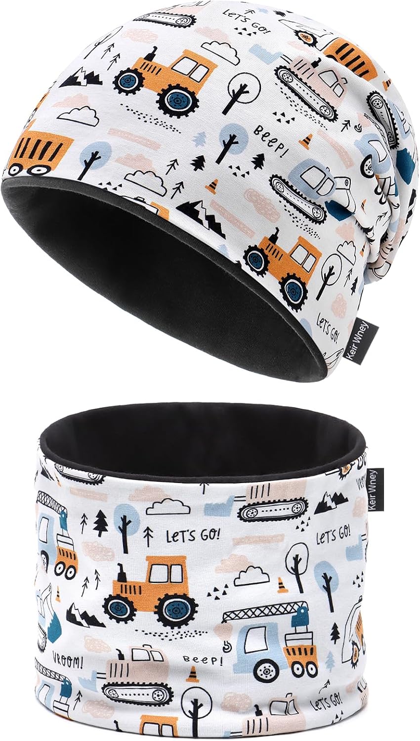 Duoyeree Children's Beanie Hat & Loop Scarf Set Soft & Stretchy Boys Girls | 3-8 lat, 95% bawełna i 5% spandex, 2 dostępne linie: bawełna i polar, 360° pokrycie głowy i szyi, wiosna, jesień, zima