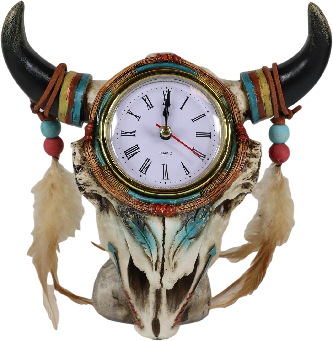 Ebros Southwestern Native American Indian Dreamcatcher Feathers Steer Bull Cow Skull Decorative Desktop Table Clock Figurine Turquoise Spirit Skulls Cows Medicine Bison Western Talisman Accent