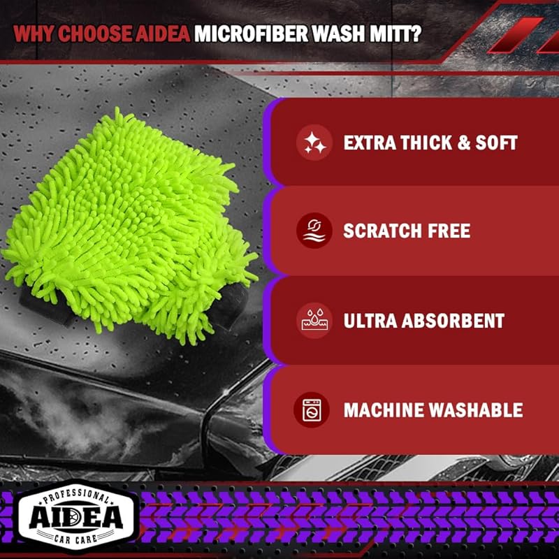 AIDEA Car Wash Mitt Microfiber, 2PK Scratch Free Lint-Free, Premium Chenille Microfiber Mitt Car Wash Brush, Green, Regular Size 7.12''X10.14'' Green 2PK