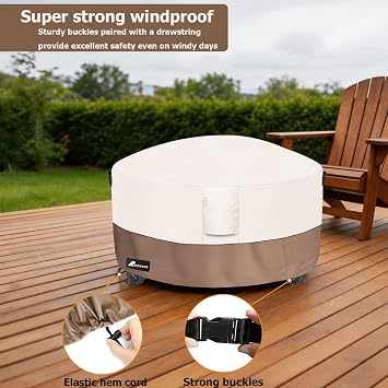 Fire Pit Cover Round 48 Inch Waterproof,Outdoor Heavy Duty Durable 600D Tear-Resistant Fire Pit Table Cover,Patio Round Firepit Cover 48 D x 24 H, Beige