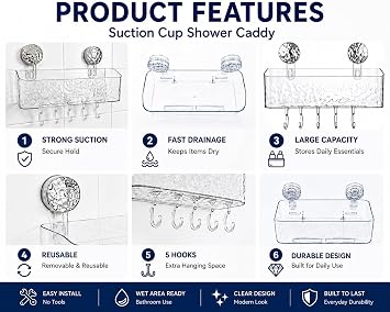 HOME&I Suction Cup Shower Caddy with Twist-to-Lock Mount, Drill-Free Bathroom Organizer for Toothbrush, Toothpaste & Razor, Self-Draining Storage Rack with 5 Hooks