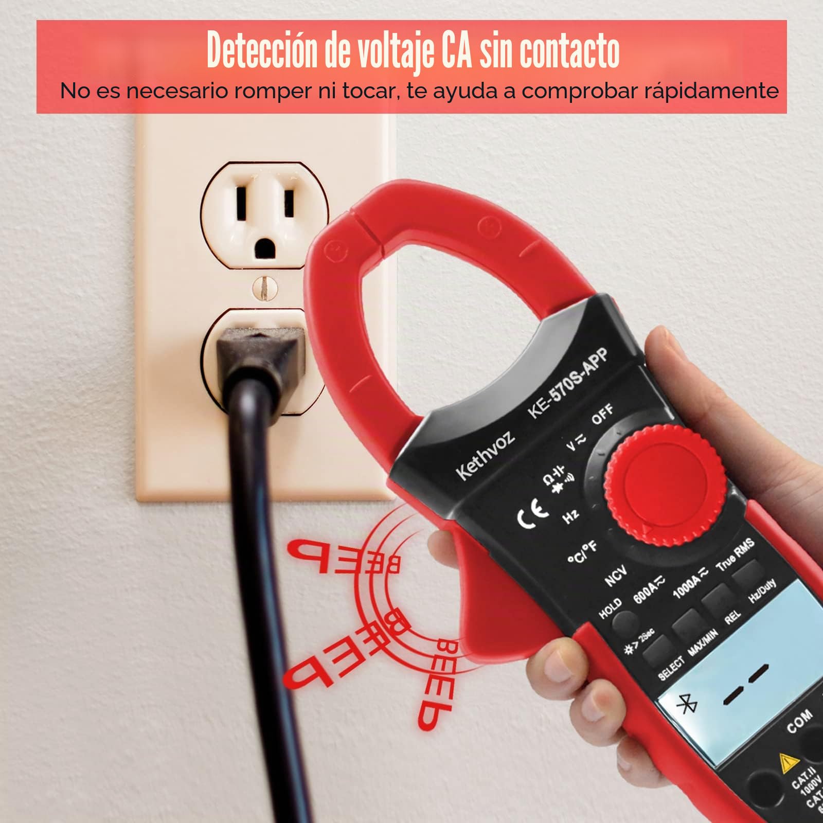 Pinza Amperimétrica Bluetooth Multímetro, Kethvoz 1000A Amperímetro de Gancho Digital con Registro Datos Mide CA/CC Corriente Tensión Resistencia Capacitancia, Medidor Eléctrico Multimétrica 570SAPP