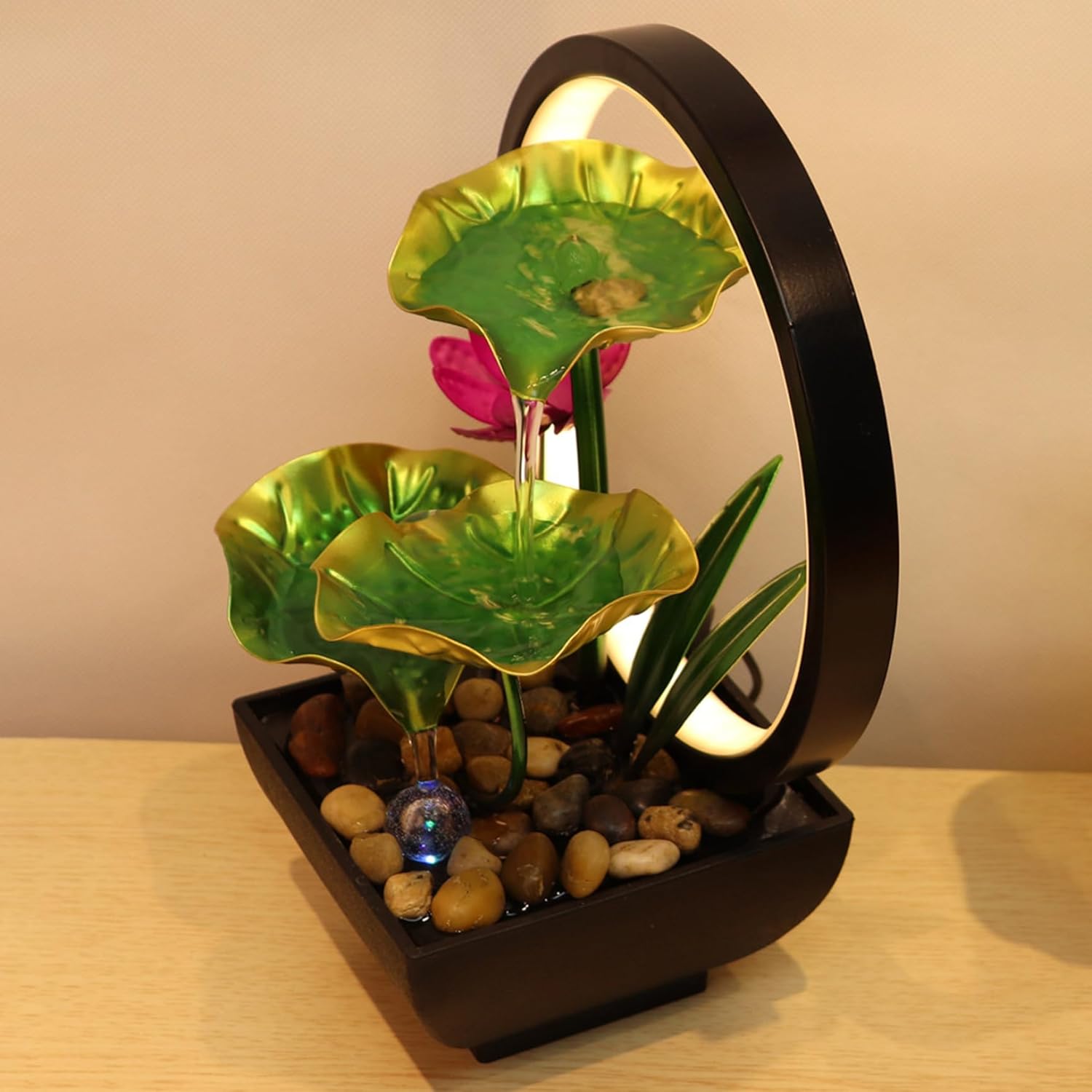 Indoor Water Fountain Waterfall Lotus Leaf Indoor Water Features Light Up Tabletop Fountain Indoor USB 3-Tier Water Fountain for Living Room Office Green